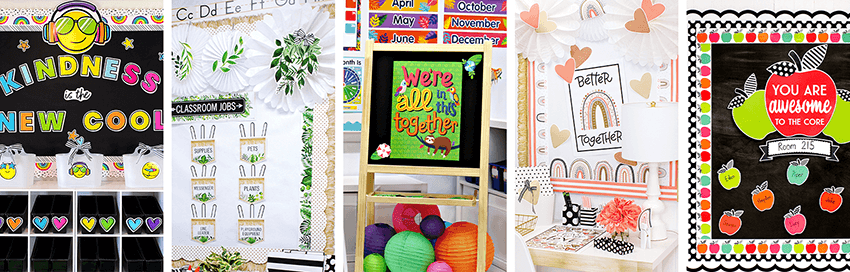 Collage of Classroom Themes ranging from bright and colorful to boho greenery