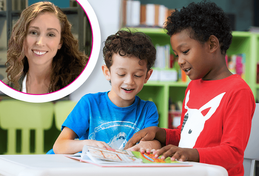 Bilingual Expert Jenna Vislisel and students reading bilingual educational workbook Bilingual Expert Jenna Vislisel and students reading bilingual educational workbook