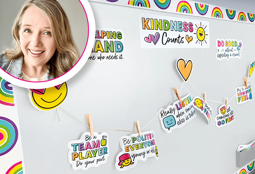 Photo of Catherine Whitcher in front of Carson Dellosa Kind Vibes bulletin board set Photo of Catherine Whitcher in front of Carson Dellosa Kind Vibes bulletin board set