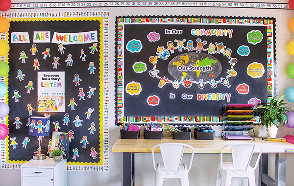 Classroom decorated with All Are Welcome classroom theme