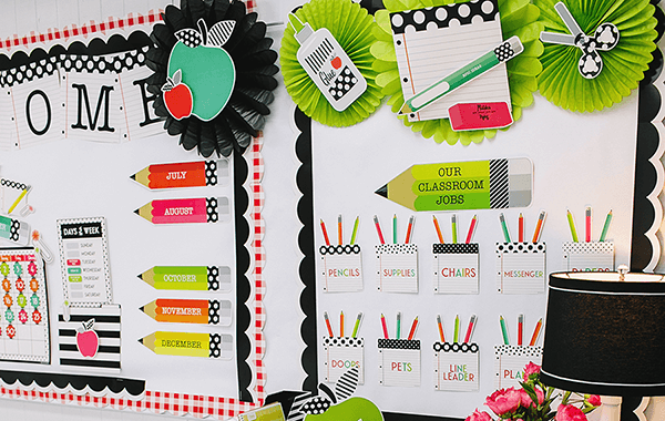 Classroom decorated in Schoolgirl Style Black, White & Stylish Brights classroom theme 