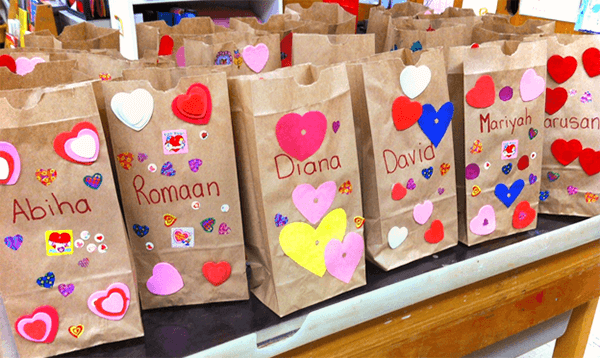 Brown Bags Decorated with Valentine's Day Themed Classroom Décor