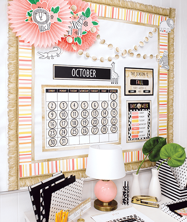 First year teacher desk and classroom decorated with Simply Safari calendar, borders and accents