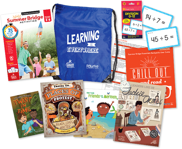 Summer Bridge Activities backpack filled with flash cards, reading books and more