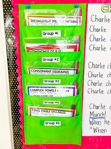 Neon green file storage pocket chart filled with students group work