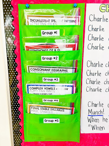 Neon green file storage pocket chart filled with students group work Neon green file storage pocket chart filled with students group work