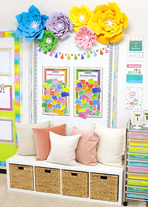 Classroom corner decorated in Creatively Inspired classroom decorations