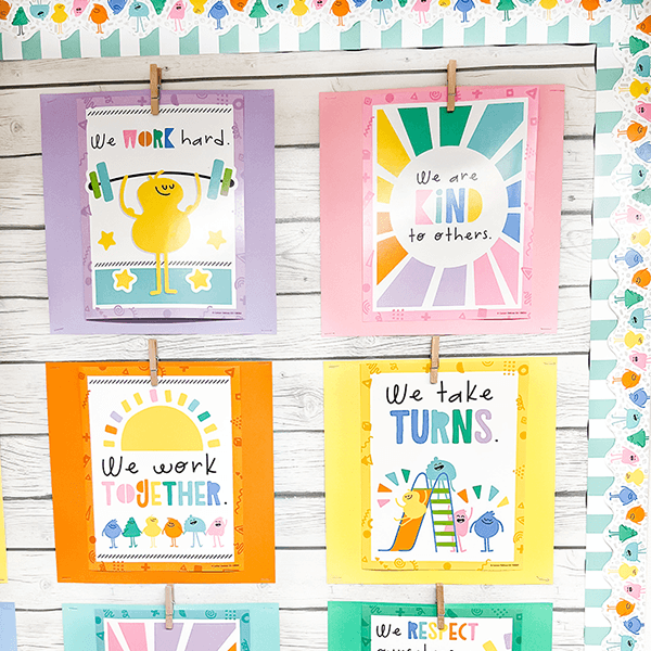 Classroom wall decorated with Happy Place: Rules for a Happy Class Classroom Posters Classroom wall decorated with Happy Place: Rules for a Happy Class Classroom Posters