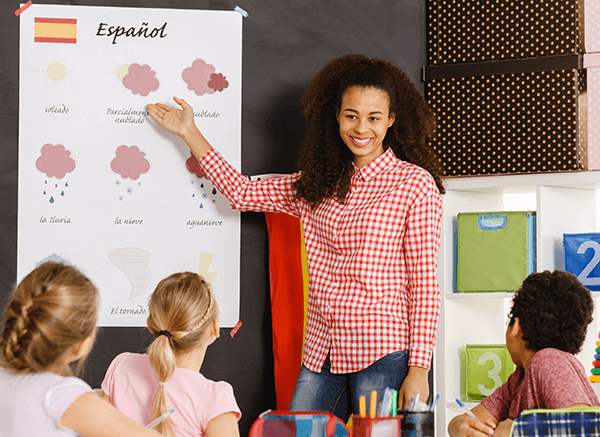 Teacher teaching Spanish in bilingual classroom