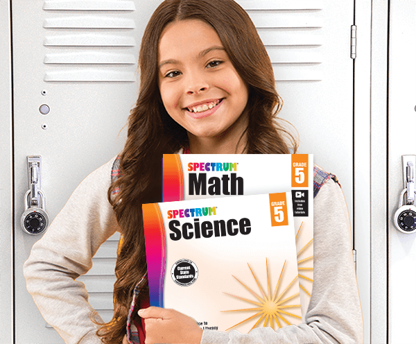 Student holding Spectrum Science and Spectrum Math Workbooks in front of school locker Student holding Spectrum Science and Spectrum Math Workbooks in front of school locker