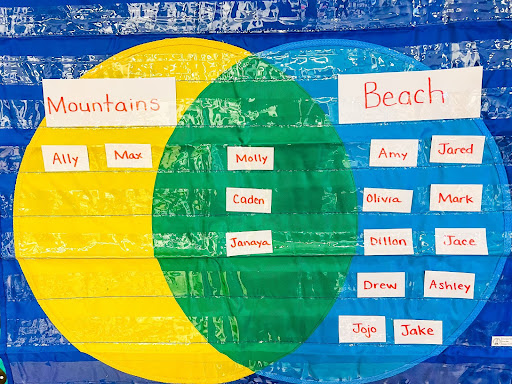 Venn Diagram pocket chart on classroom wall filled with index cards discussing mountains and beaches