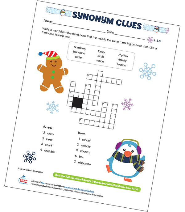 Winter Synonym Clues Free Printable Worksheet