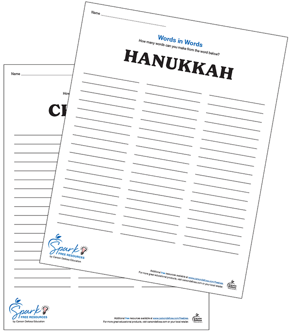Christmas, Hanukkah and Kwanzaa Holiday Words in Words Free Printable Worksheets