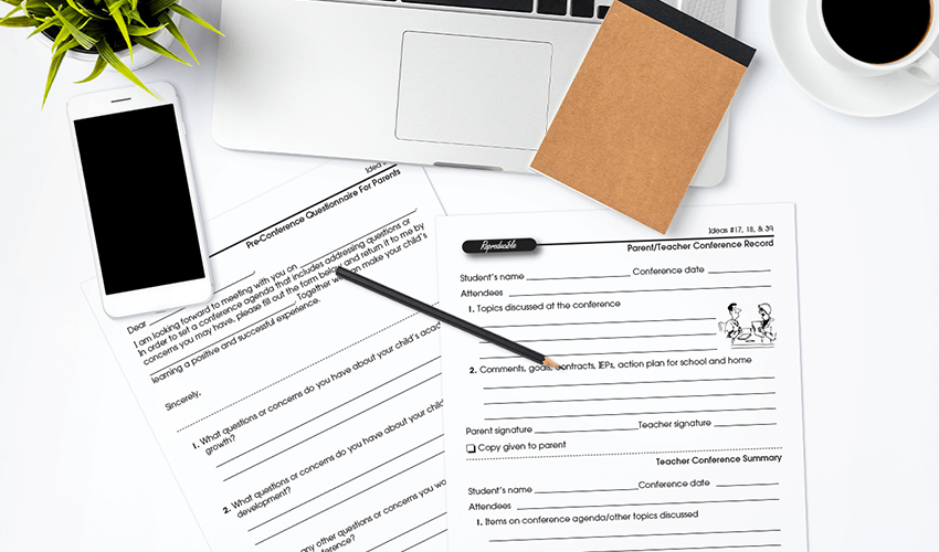 Pre-Teacher Conference Questionnaire and Conference Record on teacher desk Pre-Teacher Conference Questionnaire and Conference Record on teacher desk