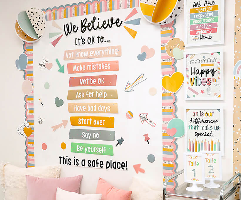 We Belong Classroom Bulletin Board Set on neutral themed classroom wall  surrounded by borders and classroom accents