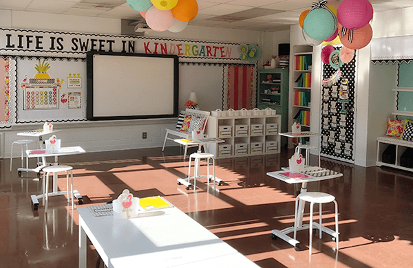 Socially distanced classroom decorated with Schoolgirl Style Simply Stylish Tropical décor line