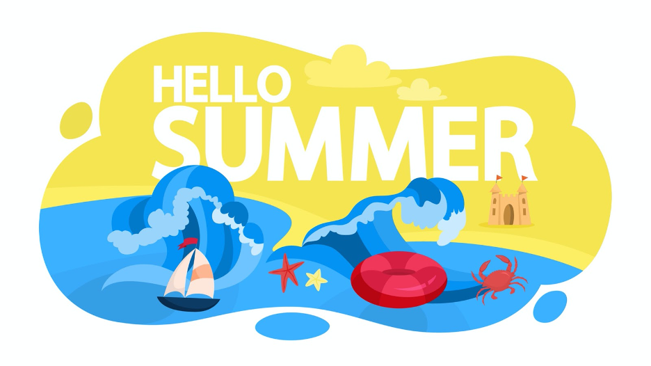 Animated beach with waves and sandcastle with phrase "Hello Summer" above the waves Animated beach with waves and sandcastle with phrase "Hello Summer" above the waves